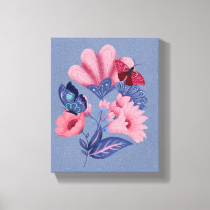 Pink Blue Floral Butterflies Folk Art Canvas Afdruk
