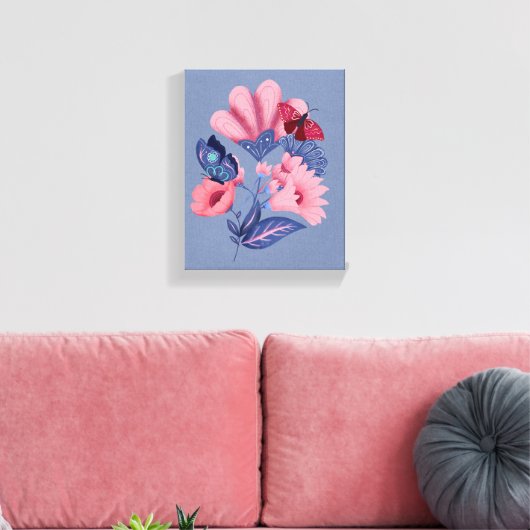 Pink Blue Floral Butterflies Folk Art Canvas Afdruk (Insitu (Woonkamer))