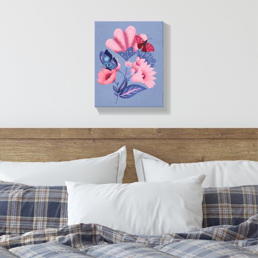 Pink Blue Floral Butterflies Folk Art Canvas Afdruk (Insitu (Slaapkamer))