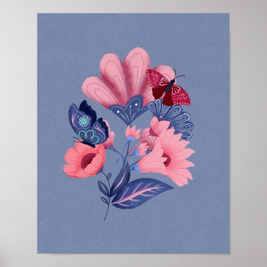 Pink Blue Floral Butterflies Folk Art Poster (Voorkant)