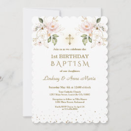 Pink Blue Floral Girls Twins 1e verjaardag Baptism Kaart