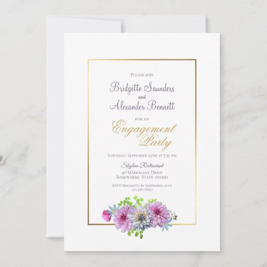 Pink Blue Floral Gold Border Engagement Party Kaart (Voorkant)