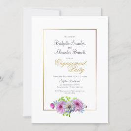 Pink Blue Floral Gold Border Engagement Party Kaart