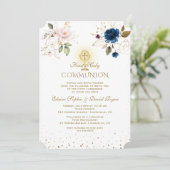 Pink Blue Floral Gold Twins First Heilige Communie Kaart (Staand voorkant)