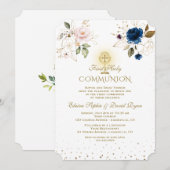 Pink Blue Floral Gold Twins First Heilige Communie Kaart (Voorkant / Achterkant)
