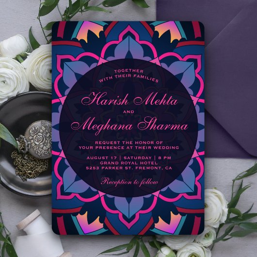 Pink Blue Floral Mandala Indian Wedding Invitation Kaart