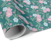 Pink & Blue Floral Pattern on Teal – Modern Cadeaupapier (Rol Hoek)