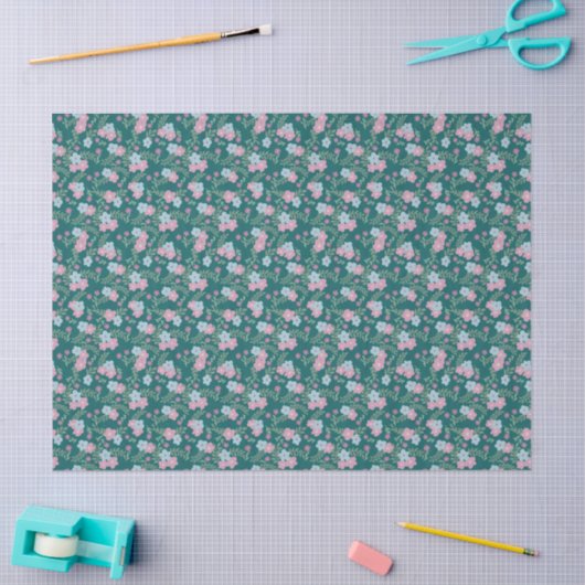 Pink & Blue Floral Pattern on Teal – Modern Tissuepapier (Craft)