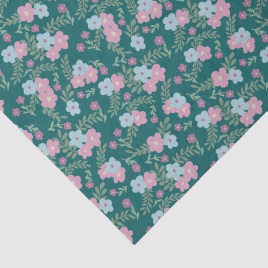 Pink & Blue Floral Pattern on Teal – Modern Tissuepapier (Detail)