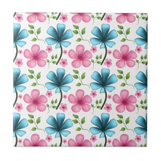 Pink & Blue Floral Seamless Pattern Tegeltje (Voorkant)