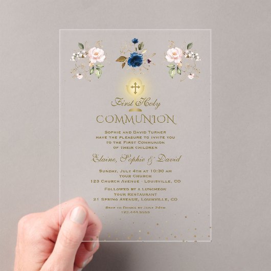 Pink Blue Floral Triplets First Holy Communion Acryl Uitnodigingen (Insitu (Draagbaar))