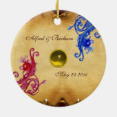 PINK BLUE FLORAL WEDDING SWIRL PARCHMENT MONOGRAM KERAMISCH ORNAMENT (Achterkant)