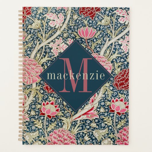 Pink Blue Floral William Morris Elegant Monogram Planner (Voorkant)