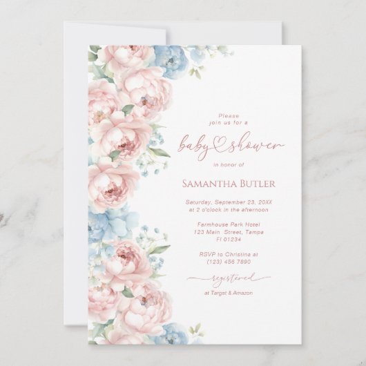 Pink & Blue Flowers Baby shower Uitnodiging (Voorkant)