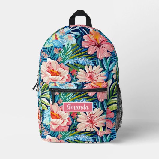 Pink Blue Flowers Back to School Botanical Pattern Bedrukte Rugzak (Voorkant)