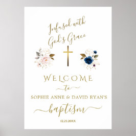 Pink Blue Flowers Gold Twins Baptism Welcome Sign Poster