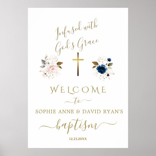 Pink Blue Flowers Gold Twins Baptism Welcome Sign Poster (Voorkant)