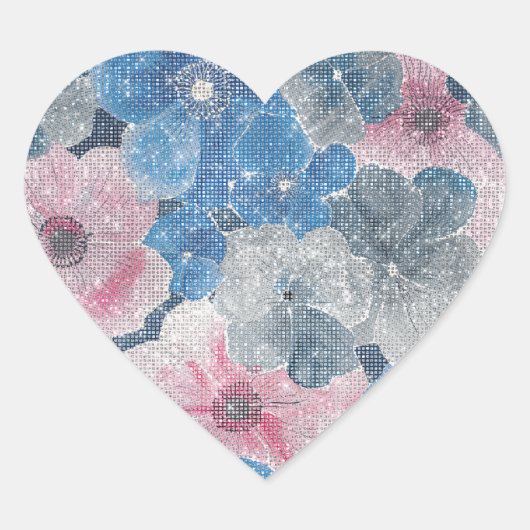 Pink Blue Flowers Sparkle Hart Sticker (Voorkant)
