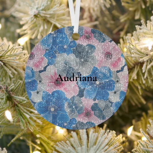 Pink Blue Flowers Sparkle Metalen Ornament (Insitu)