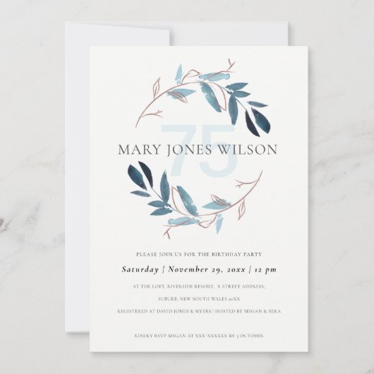 PINK BLUE FOLIAGE WREATH ANY LEEFTIJD 75 BIRTHDAY  BEDANKKAART (Voorkant)