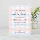 Pink Blue Gingham Baby Shower Invitation Kaart (Staand voorkant)