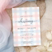 Pink Blue Gingham Christening Kaart