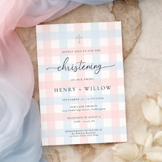 Pink Blue Gingham Christening Kaart