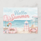 Pink Blue Gingham Hello Summer Beach Coastal Briefkaart (Voorkant)