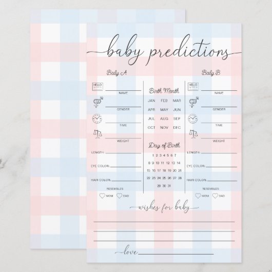 Pink Blue Gingham Twins Baby Predictions Game (Voorkant / Achterkant)