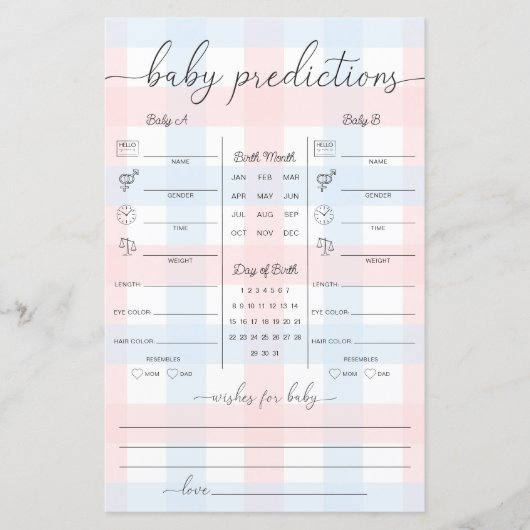 Pink Blue Gingham Twins Baby Predictions Game (Voorkant)