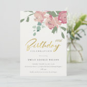 PINK BLUE GOLD PEONY FLORAL ELKE LEEFTIJD BIEDDAG KAART (Staand voorkant)
