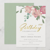 PINK BLUE GOLD PEONY FLORAL ELKE LEEFTIJD BIEDDAG KAART (Voorkant / Achterkant)