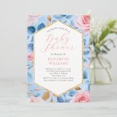 Pink Blue Gold Rozen Baby shower Uitnodiging (Staand voorkant)