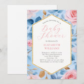 Pink Blue Gold Rozen Baby shower Uitnodiging (Voorkant / Achterkant)
