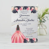 Pink & Blue Gold Striped Floral Quinceanera Kaart (Staand voorkant)