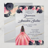 Pink & Blue Gold Striped Floral Quinceanera Kaart (Voorkant / Achterkant)