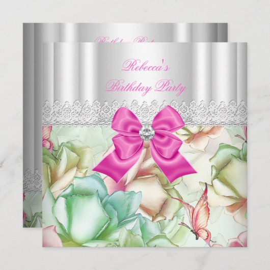 Pink Blue Green Floral Lace Birthday Party Kaart (Voorkant / Achterkant)