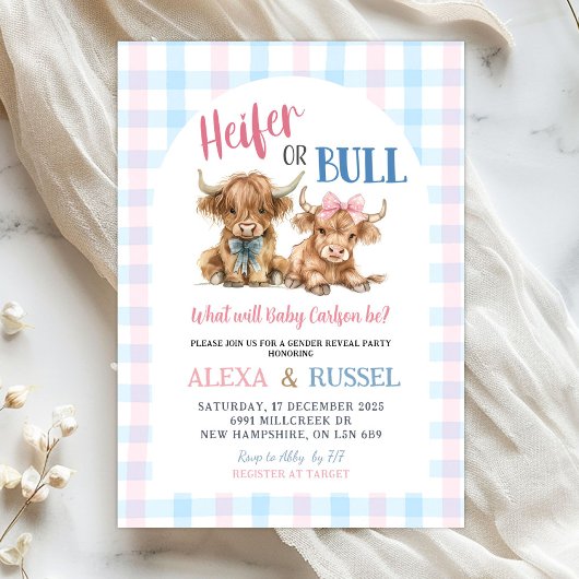 Pink Blue Heifer Bull Gender Reveal Invitation Kaart