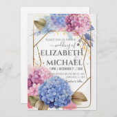 Pink Blue Hydrangea Waterverf Wedding Gold Lijst Kaart (Voorkant / Achterkant)