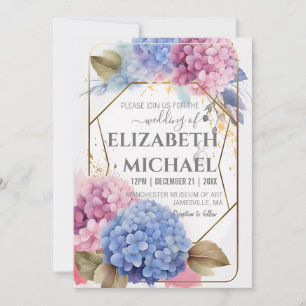 Pink Blue Hydrangea Waterverf Wedding Gold Lijst Kaart