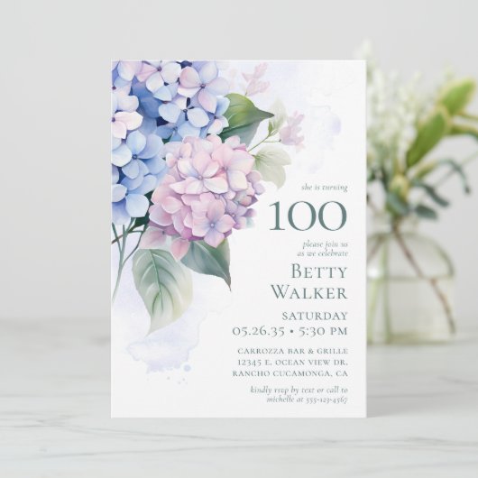  Pink Blue Hydrangeas 100th Birthday Card Request  Kaart (Staand voorkant)
