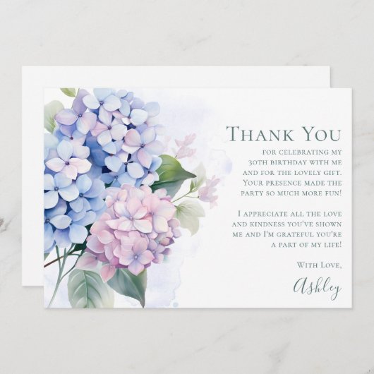 Pink Blue Hydrangeas 30th Birthday  Bedankkaart (Voorkant / Achterkant)