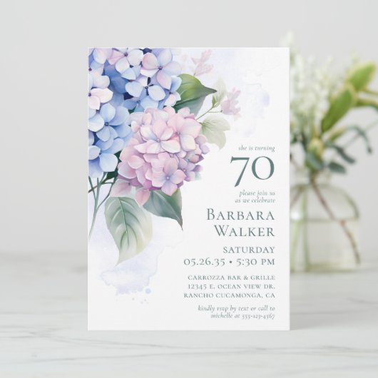 Pink Blue Hydrangeas 70th Birthday Card Request  Kaart (Staand voorkant)