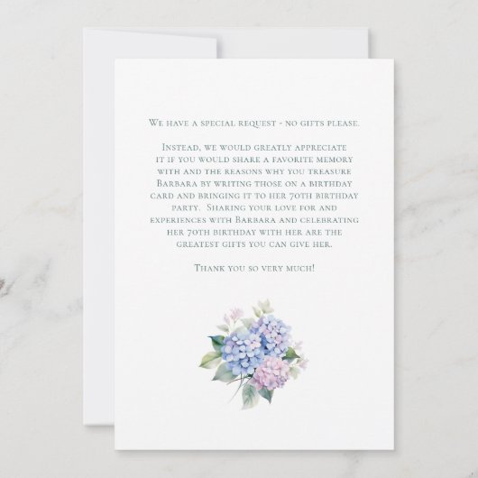 Pink Blue Hydrangeas 70th Birthday Card Request  Kaart (Achterkant)