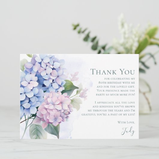 Pink Blue Hydrangeas 80th Birthday  Bedankkaart (Staand voorkant)