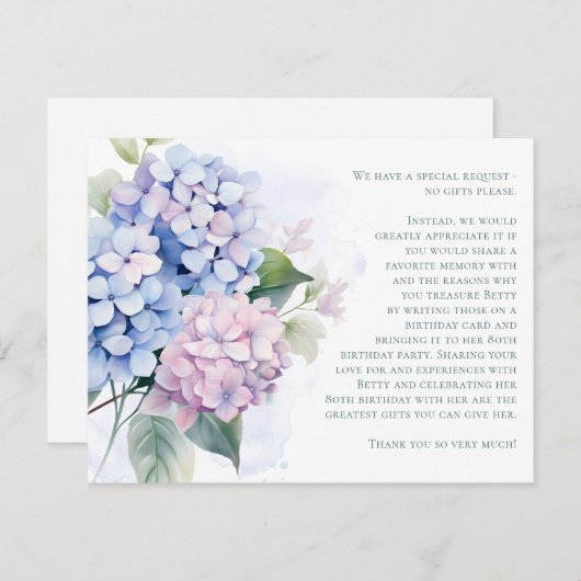 Pink Blue Hydrangeas 80th Birthday Card Request Informatiekaartje (Voorkant / Achterkant)