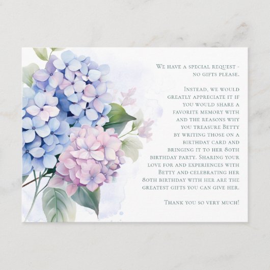 Pink Blue Hydrangeas 80th Birthday Card Request Informatiekaartje (Voorkant)