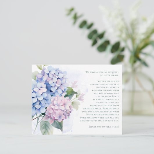 Pink Blue Hydrangeas 80th Birthday Card Request Informatiekaartje (Staand voorkant)