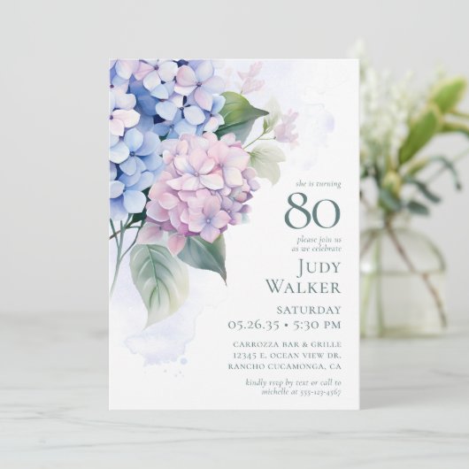  Pink Blue Hydrangeas 80th Birthday Card Request  Kaart (Staand voorkant)