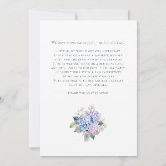  Pink Blue Hydrangeas 80th Birthday Card Request  Kaart (Achterkant)